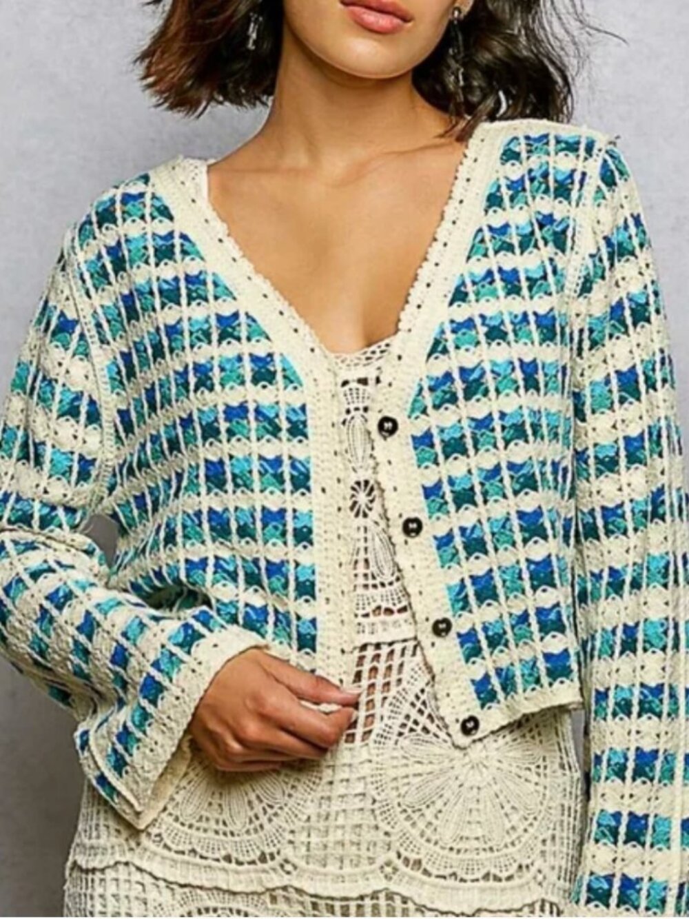 POL Crochet Cardigan Blue Multi Boho Button Front Sweater OS